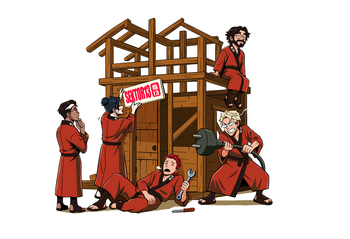 An image of all team members constructing a house name Sektor13, expressed in chibi art style